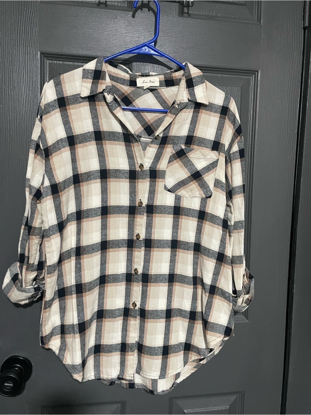 Love Notes Beige Black Cream Plaid Button-Down Shirt